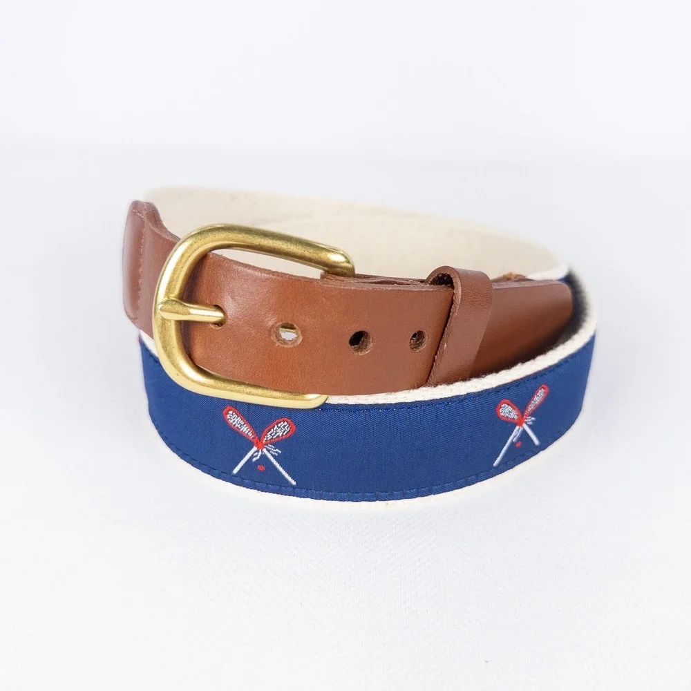 Classic Leather Man Ltd Navy Blue Lacrosse Belt Embroidered Brass Buckle 34